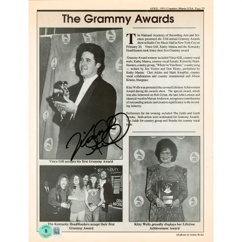 Vince Gill Signed 8.5x11 April 1991 Country Music USA Magazine Page BAS #BL81278