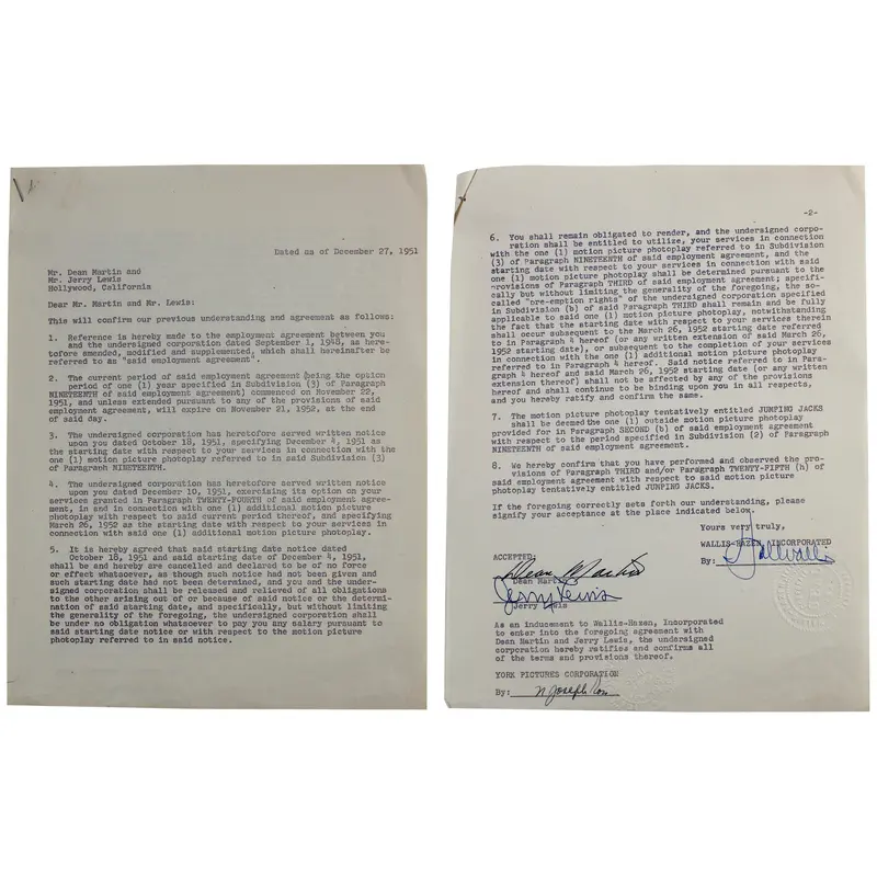 Dean Martin & Jerry Lewis Authentic Signed 8.5x11 Contract BAS #AB14254
