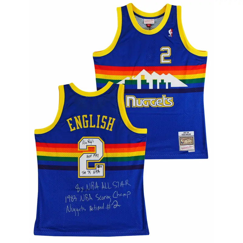 Nuggets Alex English "Career Stat" Signed Blue M&N 87-88 TB Jersey BAS #3W197629