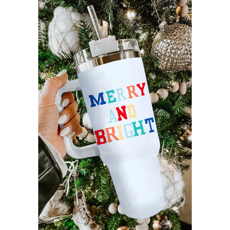 White Colorful MERRY AND BRIGHT Stainless Steel Vacuum Cup 40oz