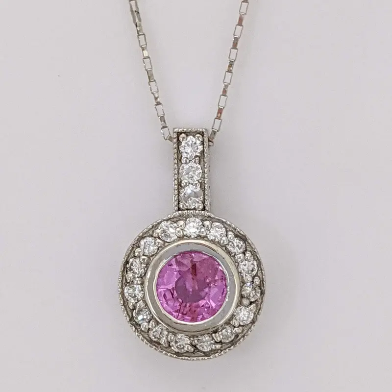 14K WHITE PINK SAPPHIRE ROUND 5MM BEZEL WITH (18) MELEE ESTATE PENDANT & CHAIN 1.7 GRAMS