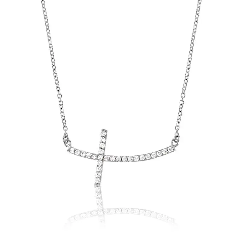 Sterling Silver CZ Curved Sideways Cross Necklace