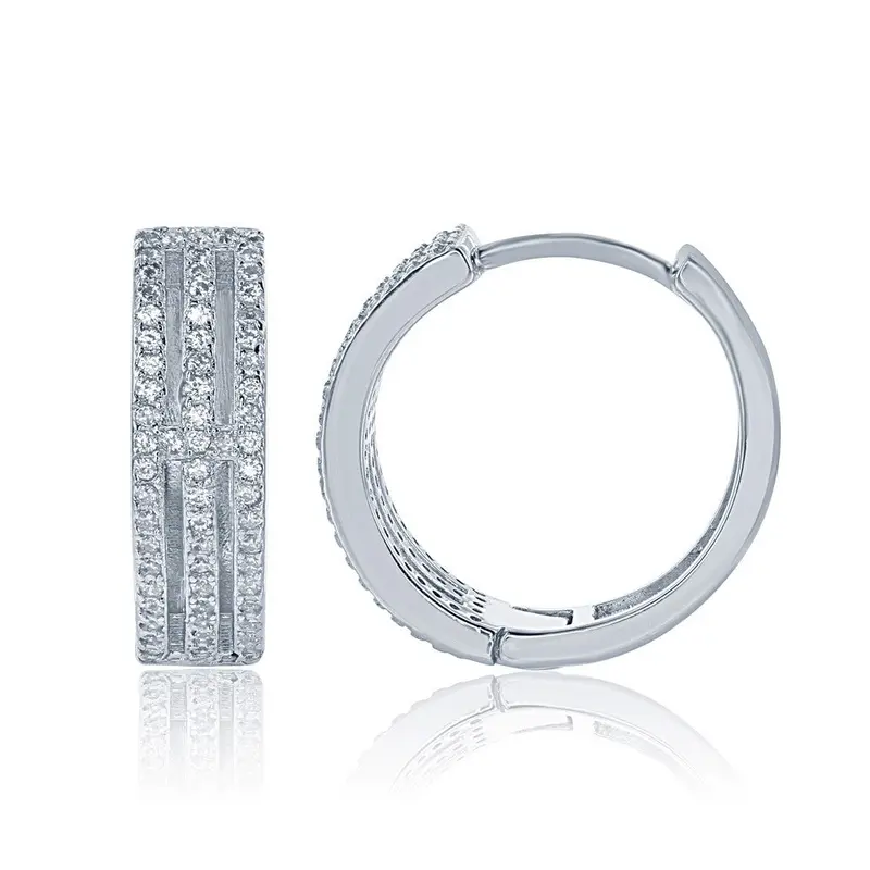 Sterling Silver Open Triple Row CZ Hoop Earrings