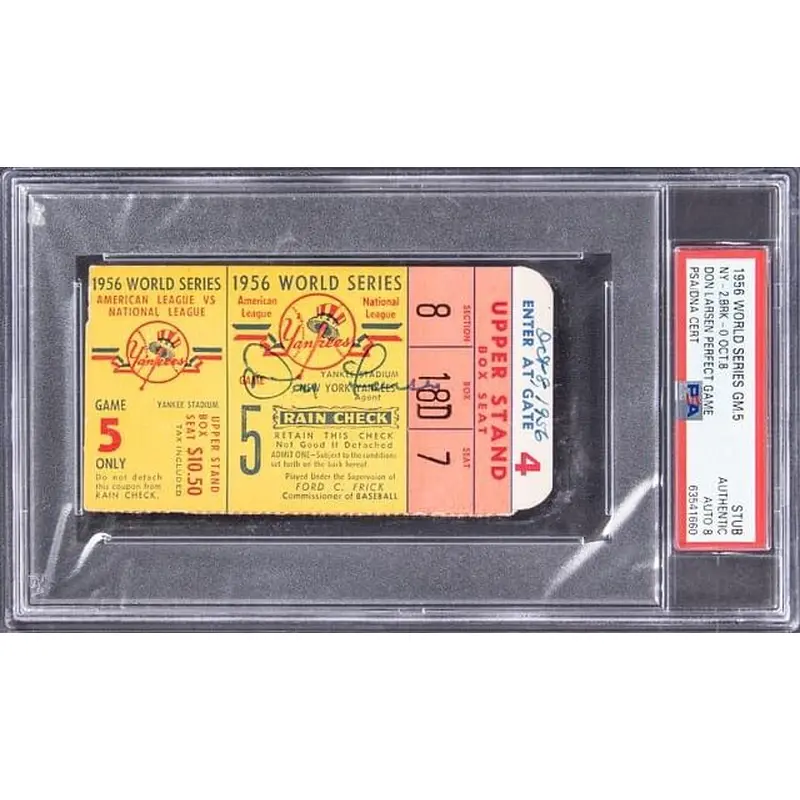 Don Larsen Signed World Series Game 5 Perfect Game Ticket Oct. 8, 1956 PSA