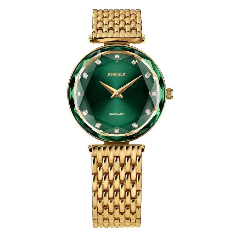 FACET BRILLIANT, Brilliant-Cut, Gold Plated Swiss Quartz Watch, 15mm Band -Green Dial