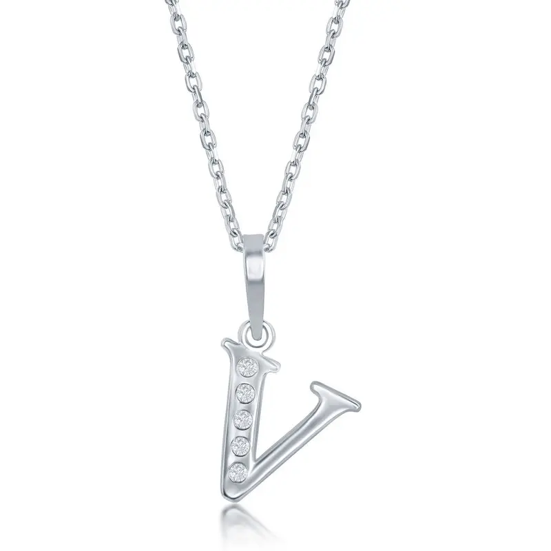 Sterling Silver, 0.03cttw Diamond 'V' Initial Pendant w/Chain