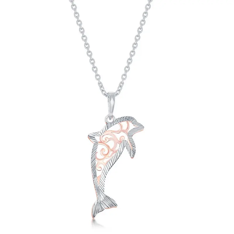 SSterling Silver Two-Tone Fancy Design Dolphin w/ Diamond-Cut Border Necklace