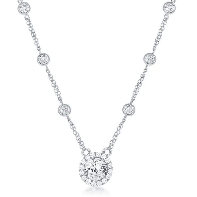 Sterling Silver CZ By The Yard, & center Round CZ Necklace