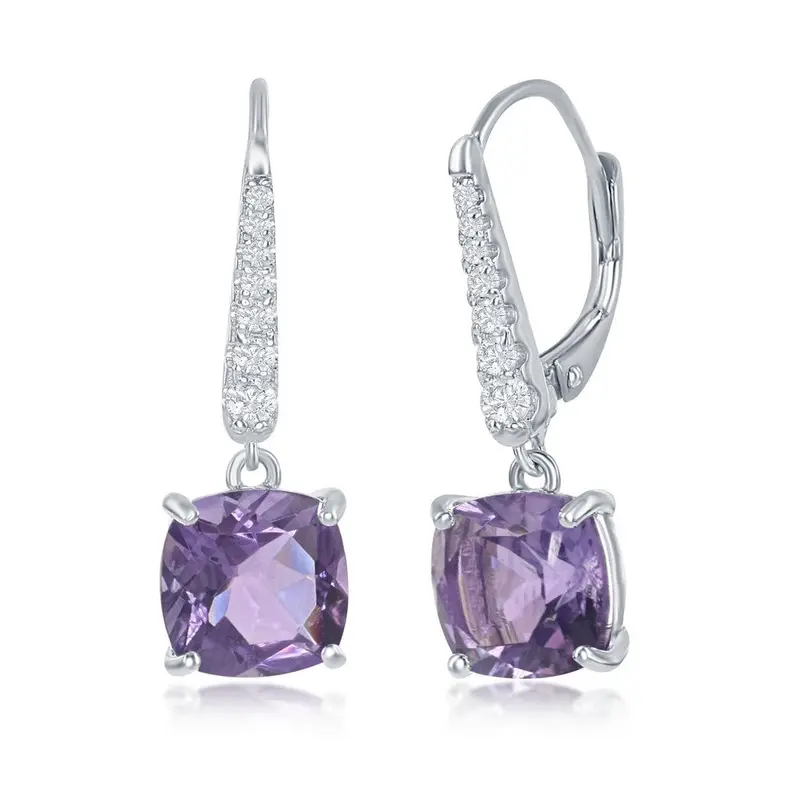 Sterling Silver White Topaz Earrings, w/Four-Prong 9x9mm Cushion-Cut Gem -  Amethyst