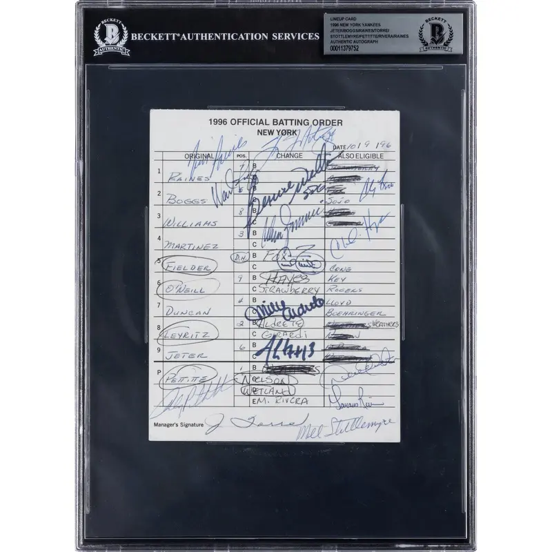 1996 Yankees ALCS Game 1 Signed Lineup Card Jeffrey Maier Derek Jeter Home Run