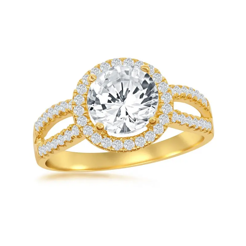 Sterling Silver Halo Style CZ Engagement Ring - Gold plated