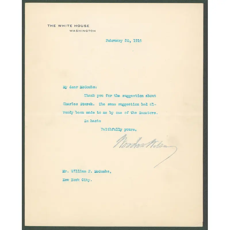 Woodrow Wilson Signed 7x8.8 1914 Letter On White House Letterhead BAS #AB14540