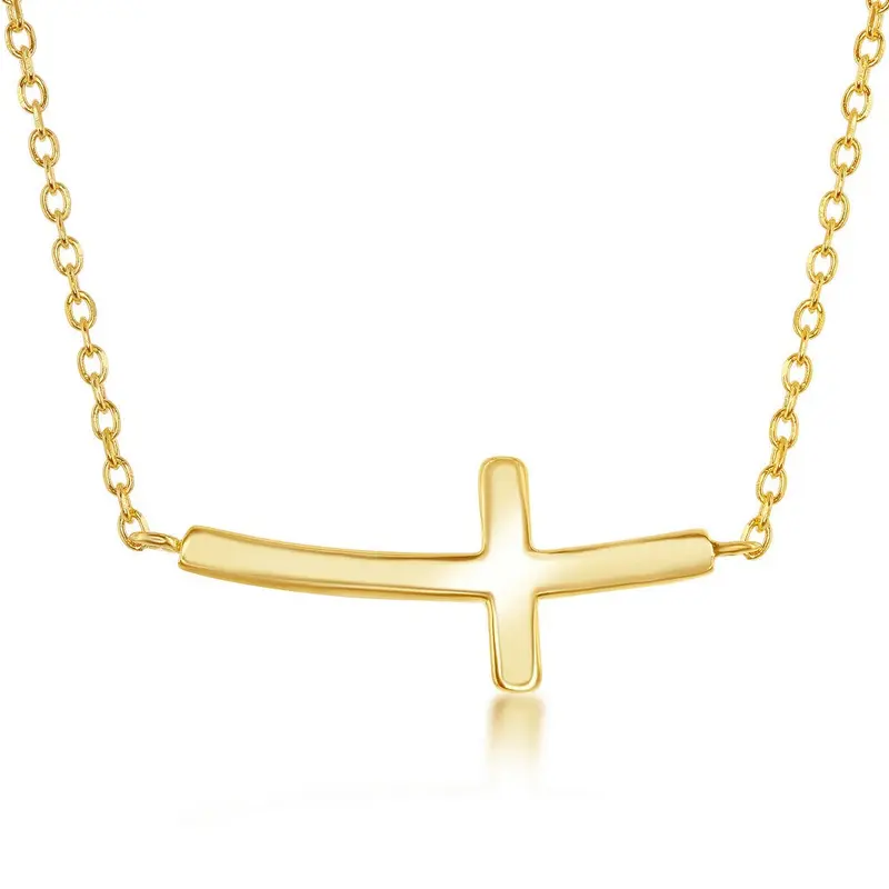 Sterling Silver Curved Sideways Cross necklace - Gold Plated
