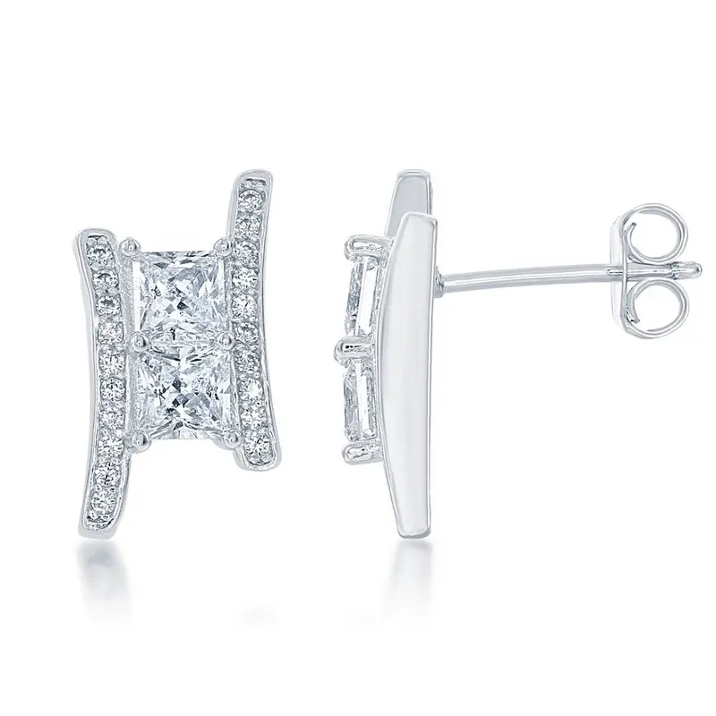 Sterling Silver "Us2gether" Overlapping Square Two-Stone CZ Earrings