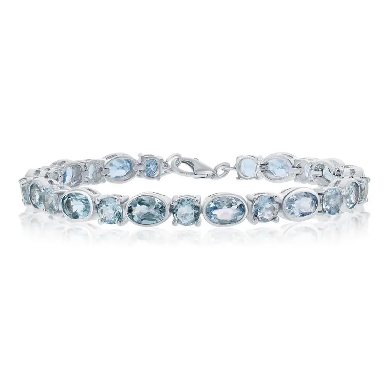 Sterling Silver, Alternating 5mm Round & 7x5mm Oval Gem Bracelet - 18.66cttw Blue Topaz