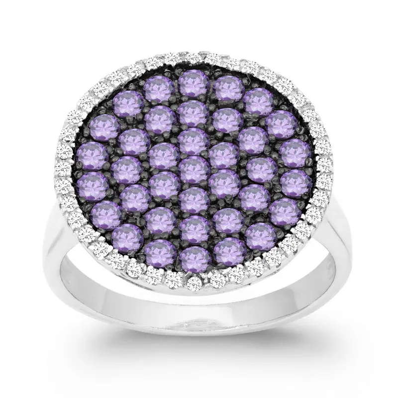 Sterling Silver Clear and Purple CZ Black Rhodium Round Ring