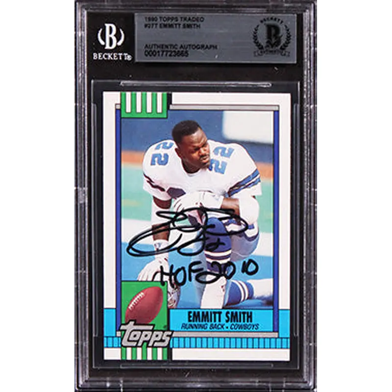 Cowboys Emmitt Smith "HOF 2010" Signed 1990 Topps Traded #27T RC Card BAS Slab