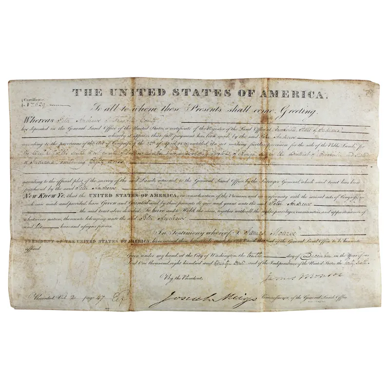 James Monroe Authentic Signed 9.75x16 1821 Land Grant Document BAS #AB14562