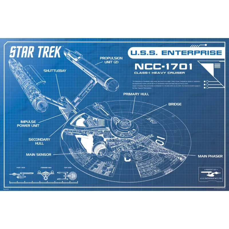 Star Trek USS Enterprise (NCC-1701) Spaceship Blueprint Poster - Pyramid America