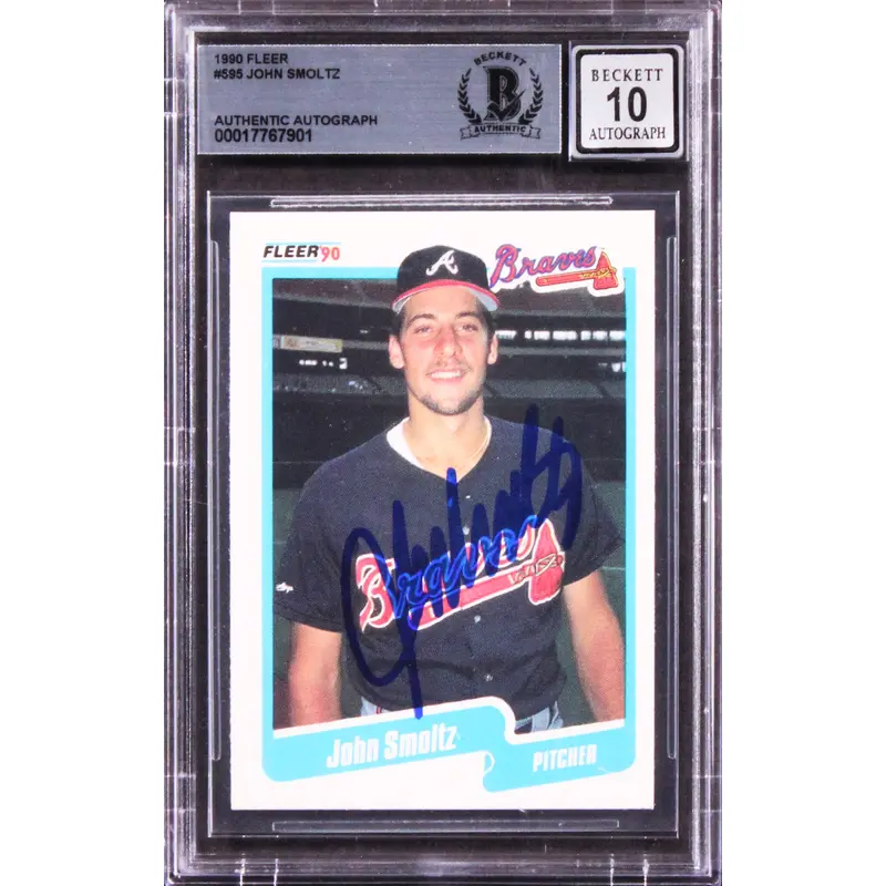 Braves John Smoltz Signed 1990 Fleer #595 Card Auto Graded Gem Mint 10! BAS Slab