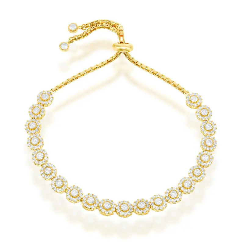 Sterling Silver Adjustable Round CZ Bolo Bracelet - Gold Plated