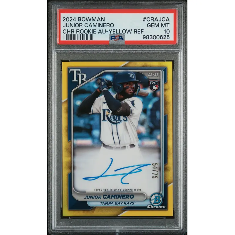 Junior Caminero 2024 Bowman Chrome Yellow Refractor Auto #54/75 PSA 10 Gem Mint