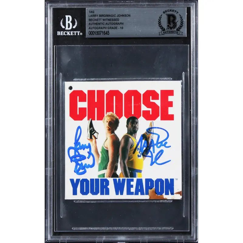 Larry Bird & Magic Johnson Signed Converse Weapon Shoe Tag Auto 10! BAS Slab 2
