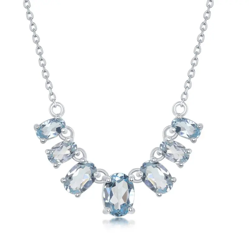 Sterling Silver Graduating Oval Gemstone Necklace - Blue Topaz