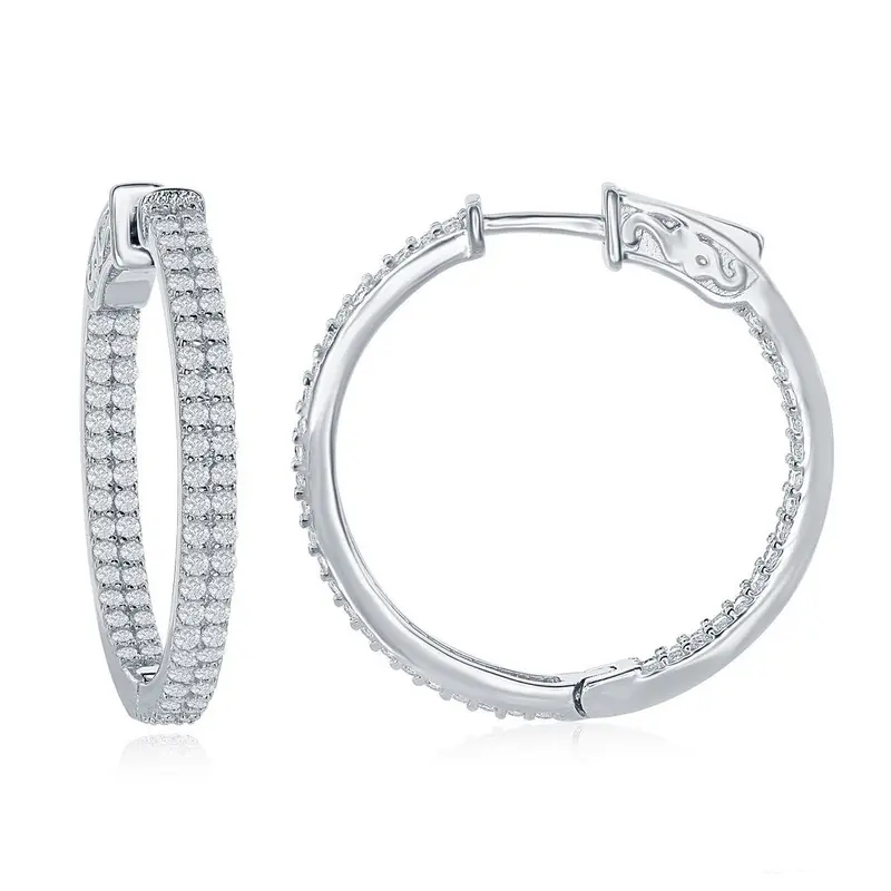 Sterling Silver, 3x30mm Inside-Outside Double Row CZ Hoop Earrings