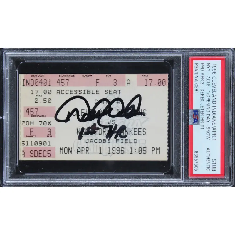 Yankees Derek Jeter Signed 1996 Opening Day 1st Career HR Ticket Stub PSA Slab
