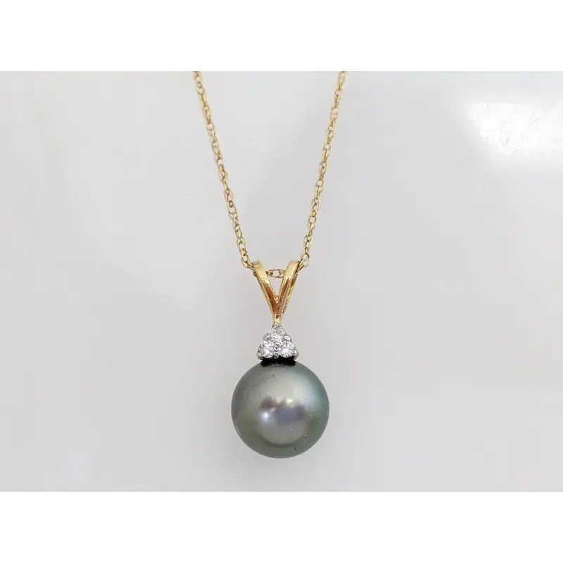 14K PEARL TAHITIAN CULTURED 9.6MM WITH (3) MELEE ESTATE PENDANT & CHAIN 2.5 GRAMS