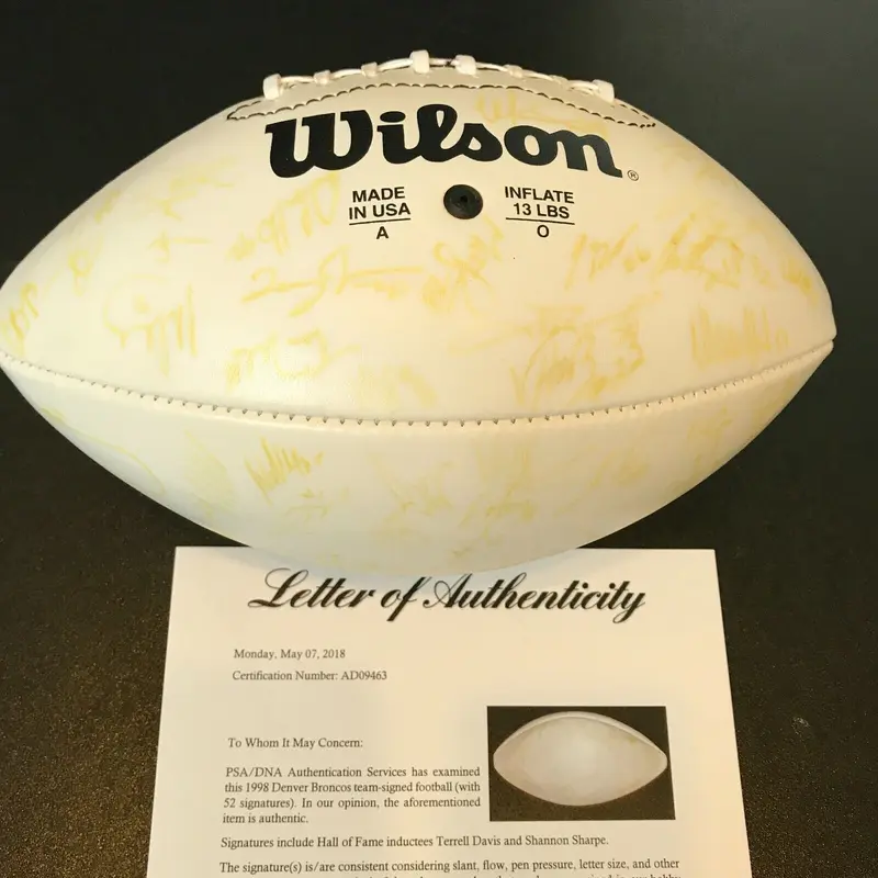 1998 Denver Broncos Super Bowl Champs Team Signed NFL Football 52 Sigs PSA DNA