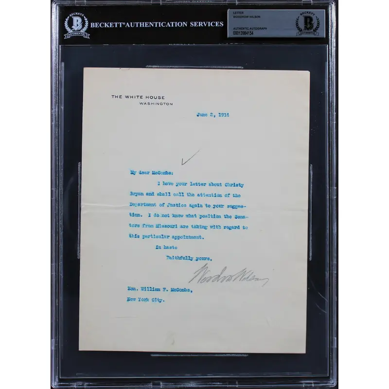 Woodrow Wilson Signed 7x8.75 1914 Letter On White House Letterhead BAS Slab 10