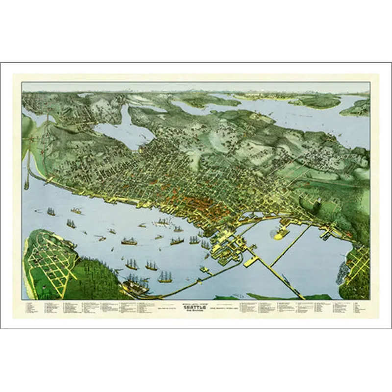 Seattle, Washington 1891 Classic Aerial Map Premium Poster Print (Augustus Koch)