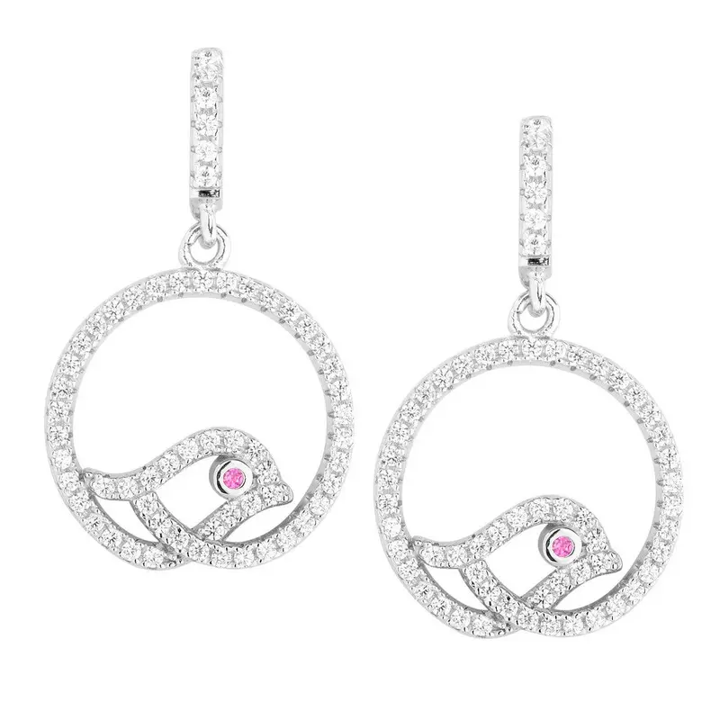 Sterling Silver Open Round CZ with Bird Earrings