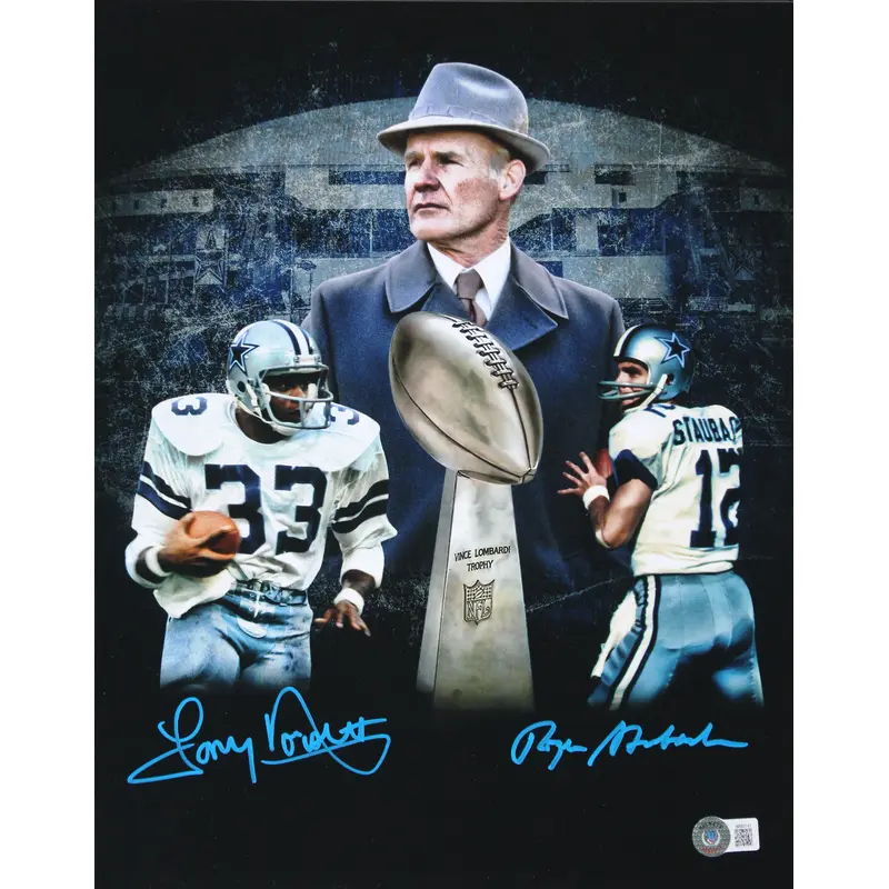 Cowboys Roger Staubach & Tony Dorsett Signed 11x14 Custom Blackout Photo BAS Wit