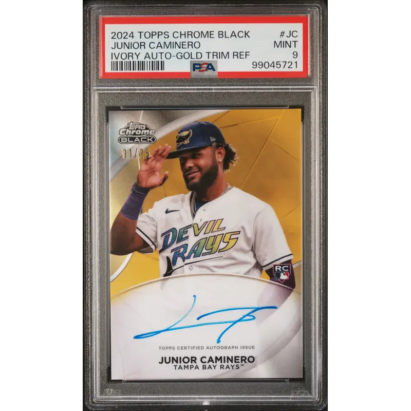Junior Caminero 2024 Topps Chrome Black Ivory Gold Trim Auto #1/25 PSA 9 Mint