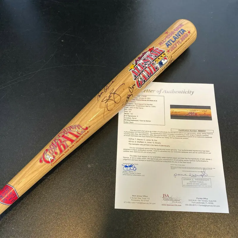 Chipper Jones Tom Glavine Bobby Cox Signed 2000 All Star Game Bat JSA COA Braves