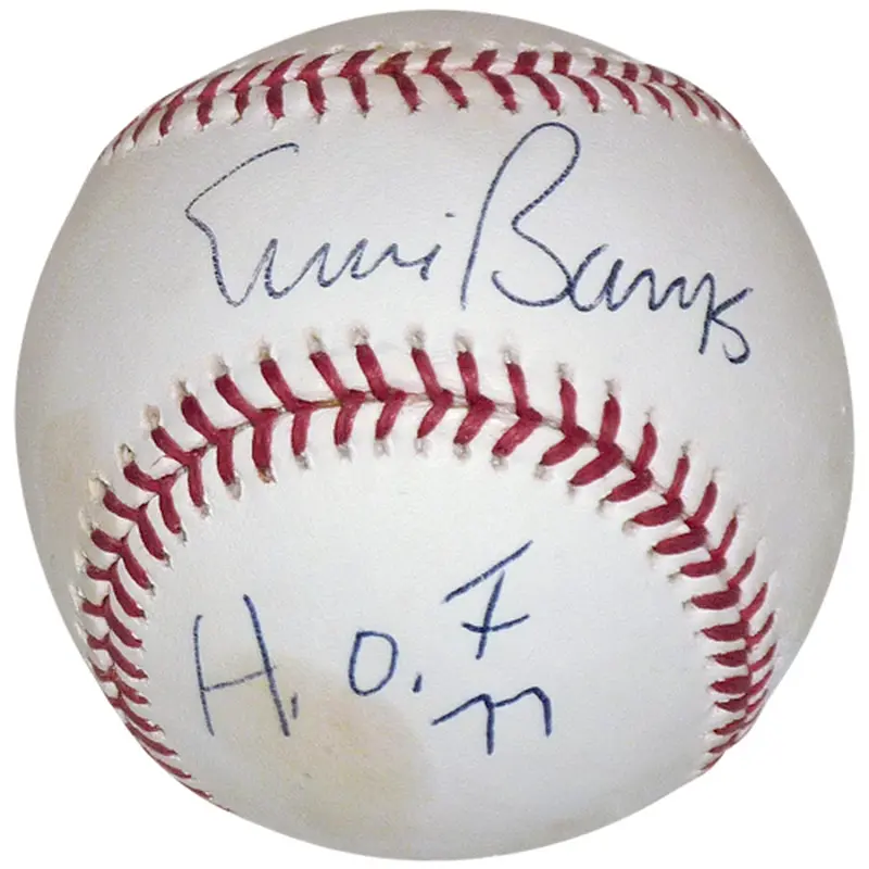 Ernie Banks Autographed Official MLB Baseball w/ HOF 77 - JSA