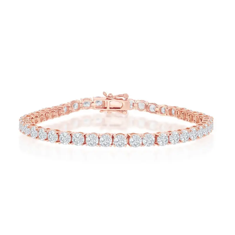 Sterling Silver 4mm Prong-Set Round CZ Tennis Bracelet - Rose Gold Plated