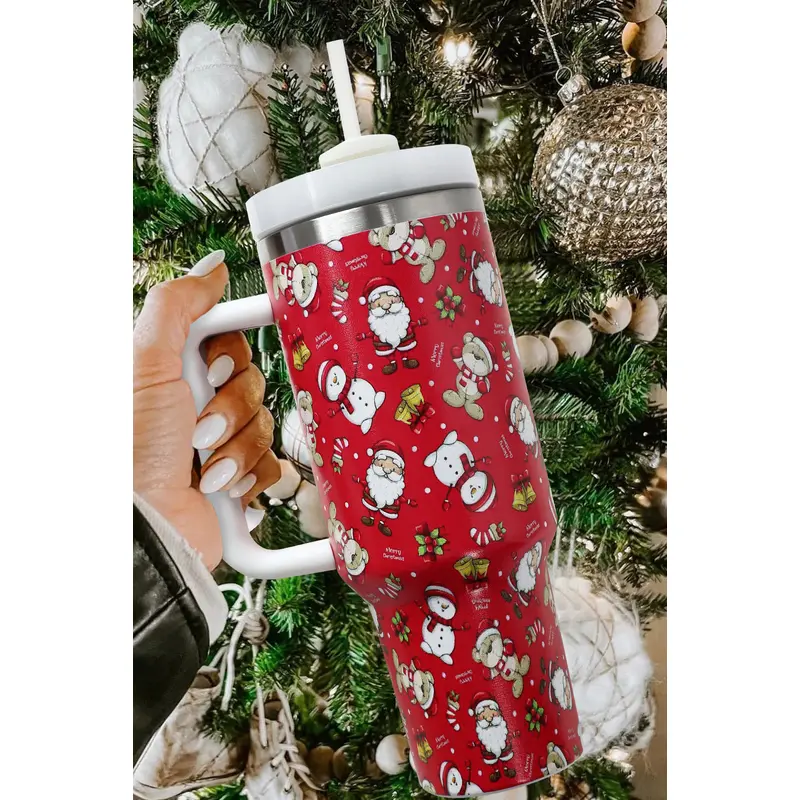 Fiery Red Christmas Print Handled Stainless Steel Tumblers 40oz
