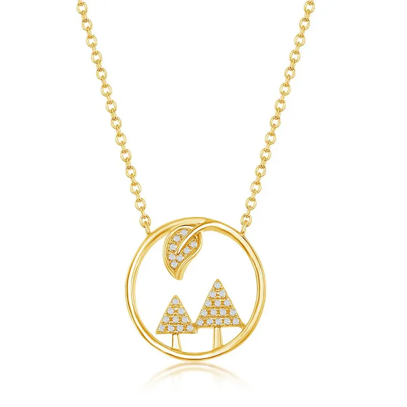 Sterling Silver CZ Trees & Leaf Round Necklace - Gold Plated
