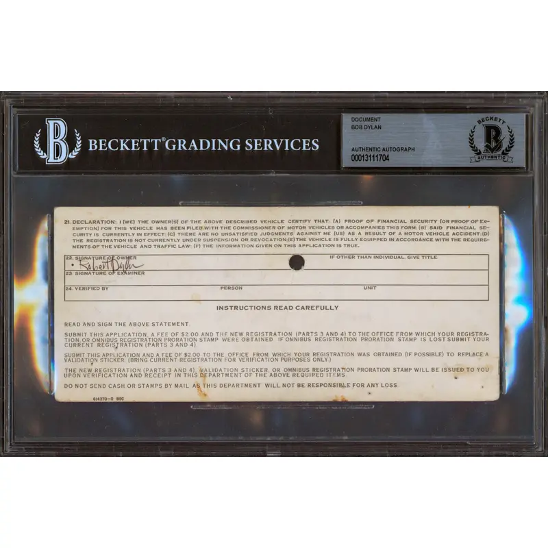 Bob Dylan Authentic Signed 3.25x7.5 DMV Registration Document BAS Slabbed