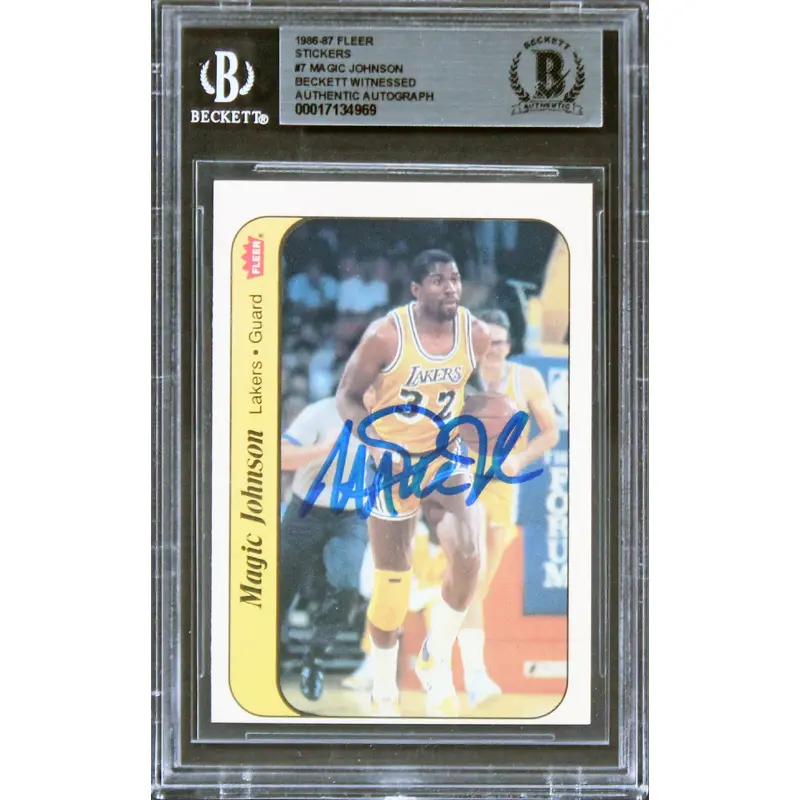 Lakers Magic Johnson Authentic Signed 1986 Fleer Stickers #7 Card BAS Slabbed