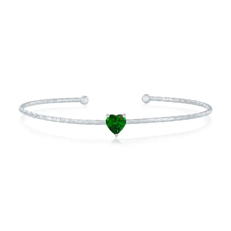Sterling Silver, 'May' Birthstone CZ Heart Bangle - Emerald