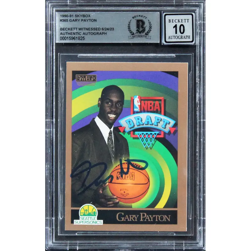 Sonics Gary Payton Signed 1990 Skybox #365 Rookie Card Auto 10! BAS Slabbed