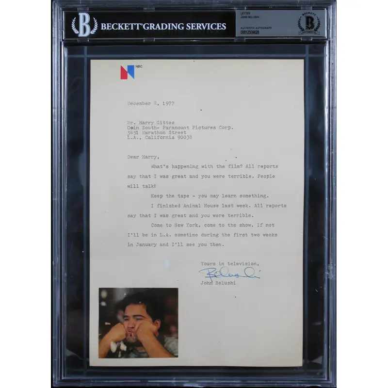 John Belushi Animal House Signed 7x10.5 1977 Letter on NBC Letterhead BAS Slab