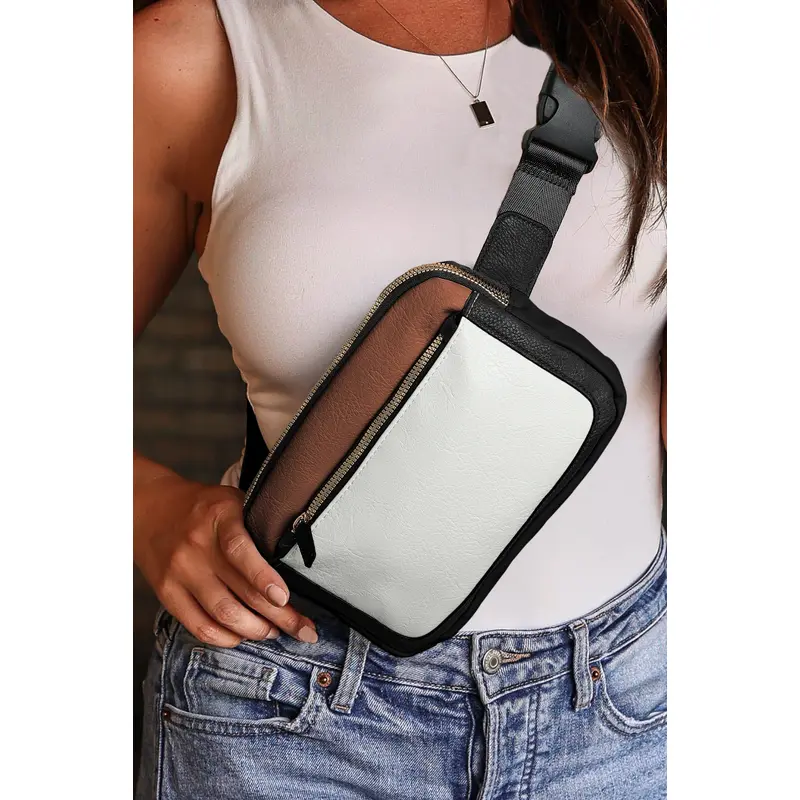 White Leather Colorblock Zipped Removable Clip Crossbody Bag