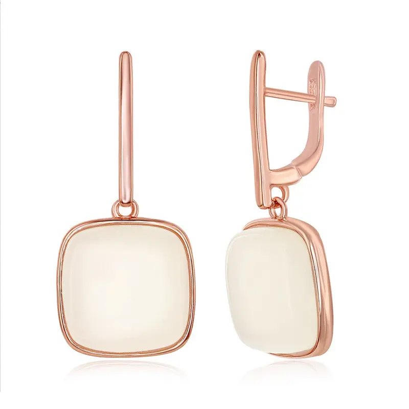 Sterling Silver Natural White Moon Stone Square Earrings - Rose Gold Plated