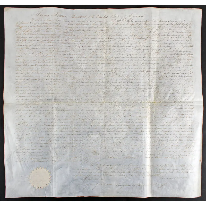 James Monroe Authentic Signed 19.25x20.25 1824 Land Grant Dated BAS #AA03017